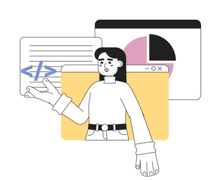 Web development online courses line concept vector spot illustration. Editable 2D flat cartoon character on white for web design. Developer tools creative linear idea for website, mobile, blogのイラスト素材