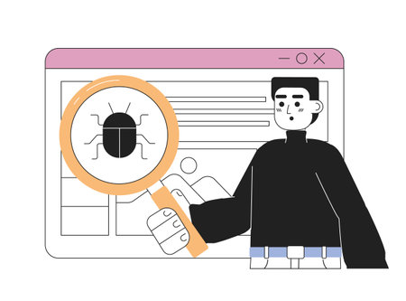 Debugging web application line concept vector spot illustration. Editable 2D flat cartoon character on white for web design. Software developer testing creative linear idea for website, mobile, blogのイラスト素材
