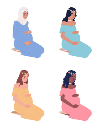 Expectant women patiently waiting for baby semi flat color vector characters pack. Editable full body people on white. Simple cartoon style spot illustration set for web graphic design and animationのイラスト素材