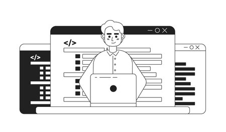 Coding career black and white concept vector spot illustration. Editable 2D flat monochrome cartoon character for web design. Software development creative line art idea for website, mobile, blogのイラスト素材