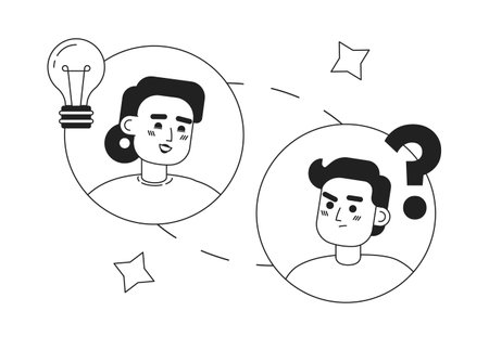 Virtual teamwork black and white concept vector spot illustration. Editable 2D flat monochrome cartoon characters for web design. Staying connected creative line art idea for website, mobile, blogのイラスト素材