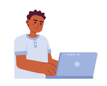Professional programmer typing on laptop semi flat color vector character. Editable figure. Full body person on white. Simple cartoon style spot illustration for web graphic design and animationのイラスト素材