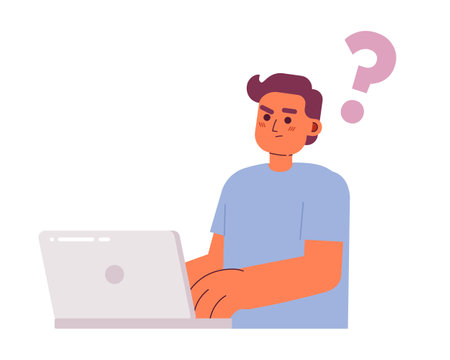 Confused male programmer with laptop semi flat color vector character. Editable figure. Full body person on white. Simple cartoon style spot illustration for web graphic design and animationのイラスト素材