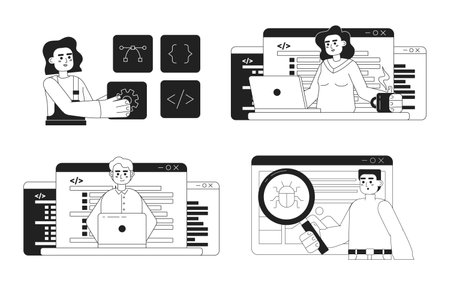 Web development process black and white concept vector spot illustrations pack. Editable 2D flat monochrome cartoon characters for web design. Creative line art ideas set for website, mobile, blogのイラスト素材