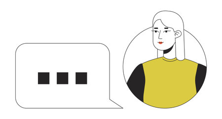 Female user with chat bubble line concept vector spot illustration. Editable 2D flat color cartoon character on white for web design. Messaging app creative linear idea for website, mobile, blogのイラスト素材