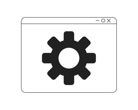 Open webpage with settings monochrome flat vector icon. Browser page with cog. Editable full sized black and white element. Simple thin line art spot illustration for web graphic design and animationのイラスト素材