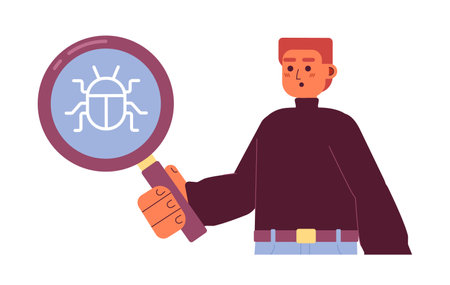 Bug tester with magnifying glass flat concept vector spot illustration. Editable 2D cartoon character on white for web design. Finding mistakes in software creative idea for website, mobile, magazineのイラスト素材
