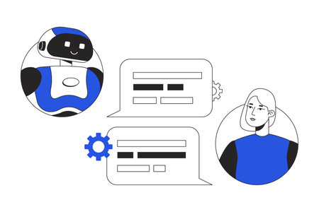 Conversational AI chatbot duo color line concept vector spot illustration. Editable 2D flat duotone cartoon characters on white for web design. Virtual tool creative idea for website, social mediaのイラスト素材