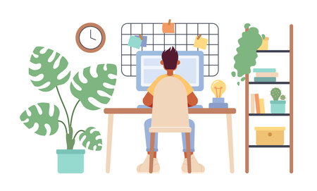 Cozy home office setup with freelancer 2D vector isolated spot illustration. Self employed man with computer flat character on cartoon background. Colorful editable scene for mobile, website, magazineのイラスト素材