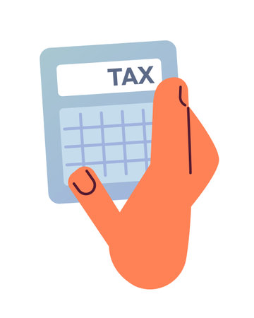 Hand with income tax calculator semi flat color vector icon. Return and refund calculation. Editable element on white. Simple cartoon style spot illustration for web graphic design and animationのイラスト素材