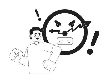 Freelancer missing upcoming deadline black and white concept vector spot illustration. Editable 2D flat monochrome cartoon character for web design. Creative line art idea for website, mobile, blogのイラスト素材