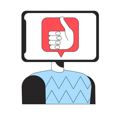 Addicted to likes on social media line concept vector spot illustration. Editable 2D flat color cartoon character on white for web design. Tablet head creative linear idea for website, mobile, blogのイラスト素材