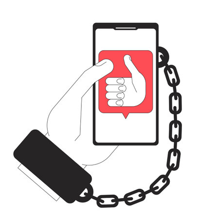 Telephone dependence line concept vector spot illustration. Editable 2D flat color cartoon first view hand on white for web design. Handcuffs and phone creative linear idea for website, mobile, blogのイラスト素材