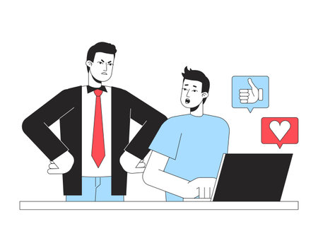 Social media distractions at work line concept vector spot illustration. Editable 2D flat color cartoon characters on white for web design. Workplace creative linear idea for website, mobile, blogのイラスト素材