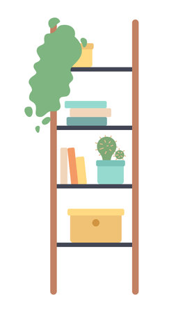 Ladder shelves with books and houseplants semi flat color vector object. Editable icon. Full sized element on white. Simple cartoon style spot illustration for web graphic design and animationのイラスト素材