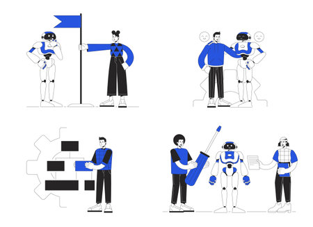 Develop artificial intelligence technologies duo color line concept vector spot illustration pack. Editable 2D flat duotone cartoon characters for web design. Creative ideas for website, social mediaのイラスト素材