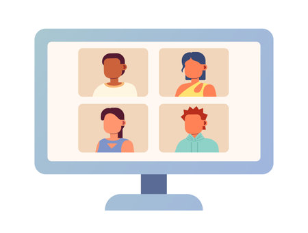 Computer monitor with online video meeting semi flat color vector object. Editable icon. Full sized element on white. Simple cartoon style spot illustration for web graphic design and animationのイラスト素材