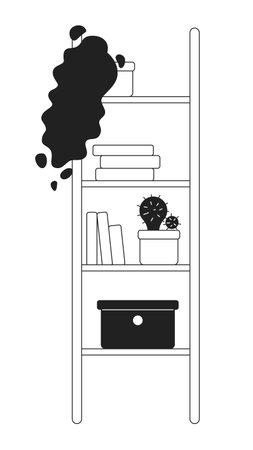 Ladder shelves with books and houseplants monochrome flat vector object. Editable black and white icon. Full sized element. Simple thin line art spot illustration for web graphic design and animationのイラスト素材