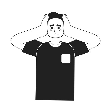 Worried man holding head in hands monochromatic flat vector character. Linear hand drawn sketch. Editable half body person. Simple black and white spot illustration for web graphic design, animationのイラスト素材