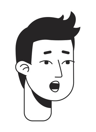Young man showing surprise monochromatic flat vector character head. Black and white avatar icon. Editable cartoon user portrait. Hand drawn ink spot illustration for web graphic design and animationのイラスト素材