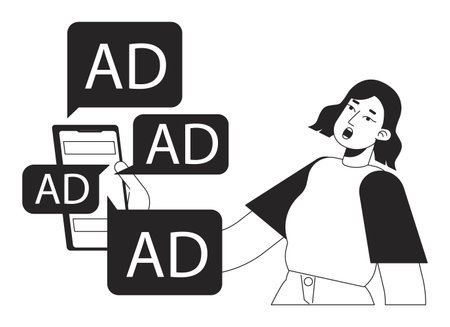 Digital ads overload black and white concept vector spot illustration. Editable monochrome cartoon character for web design. Infoxication on internet line art idea for website. Myriad Pro font usedのイラスト素材