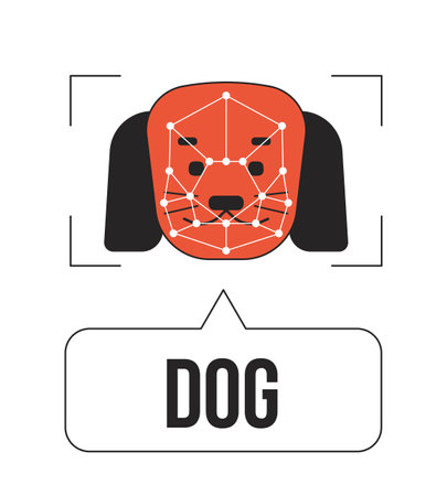 Dog image detection linear flat color vector icon. Editable thin line color animal on white. Simple lineart cartoon style spot illustration for web graphic design and animation. Bebas Neue font usedのイラスト素材