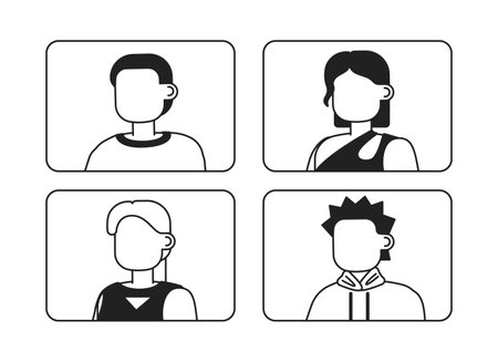 Online video meeting with employees monochrome flat vector icons set. Editable full sized black and white elements. Simple thin line art spot illustrations pack for web graphic design and animationのイラスト素材