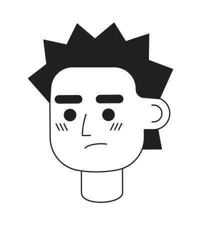 Irritated young man with prickly hair monochromatic flat vector character head. Black white avatar icon. Editable cartoon user portrait. Lineart ink spot illustration for web graphic design, animationのイラスト素材