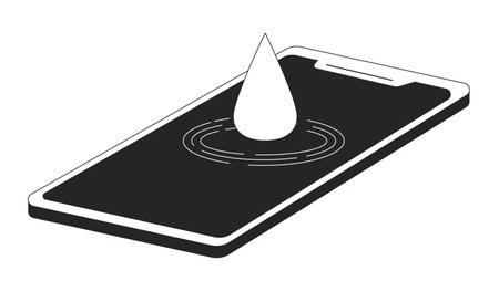 Water drop falling down on phone screen black and white concept vector spot illustration. Editable 2D flat monochrome cartoon object for web design. Waterproof line art idea for website, mobile, blogのイラスト素材