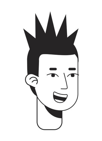 Happy young man with mohawk hair monochromatic flat vector character head. Black white avatar icon. Editable cartoon user portrait. Lineart ink spot illustration for web graphic design and animationのイラスト素材
