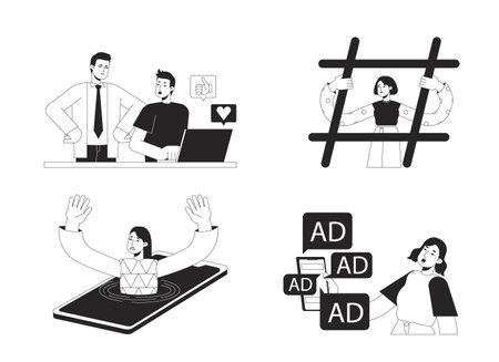 Obsessive social media use black and white concept vector spot illustration set. Editable 2D flat monochrome cartoon characters for web design. Line art ideas pack for website, mobile, blogのイラスト素材