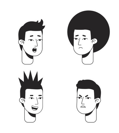 Young men expressing different emotions monochromatic flat vector character faces pack. Black white avatar icons. Editable cartoon user portraits. Hand drawn spot illustrations for web graphic designのイラスト素材