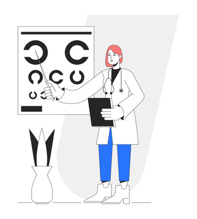 Ophthalmology clinic flat line concept vector spot illustration. Optometrist checking eyesight 2D cartoon character on white for web UI design. Editable hero image for website landings, mobile headersのイラスト素材