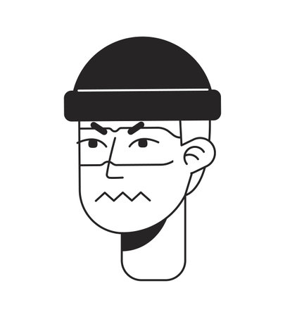 Irked male delinquent monochromatic flat vector character head. Black and white avatar icon. Editable cartoon user portrait. Simple lineart ink spot illustration for web graphic design and animationのイラスト素材