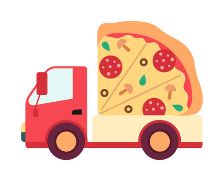 Delivery vehicle with pizza flat concept vector spot illustration. Editable 2D cartoon object on white for web UI design. Pizzeria fast food creative hero image for website landings, mobile headersのイラスト素材
