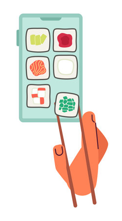 Japanese fast food order online flat concept vector spot illustration. Editable 2D cartoon first view hand on white for web UI design. Sushi creative hero image for website landings, mobile headersのイラスト素材