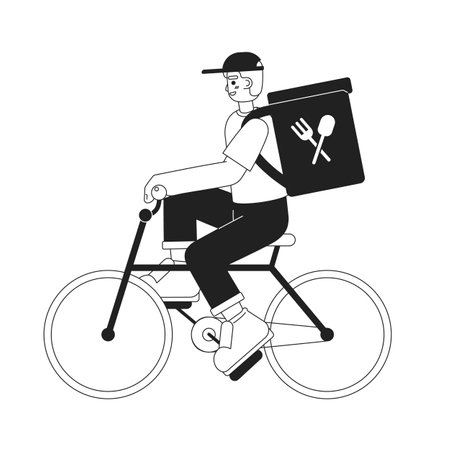 Guy delivering prepared meals on bicycle monochromatic flat vector character. Editable thin line full body person. Simple bw cartoon spot image for web graphic design, animation. hand drawn drawingのイラスト素材