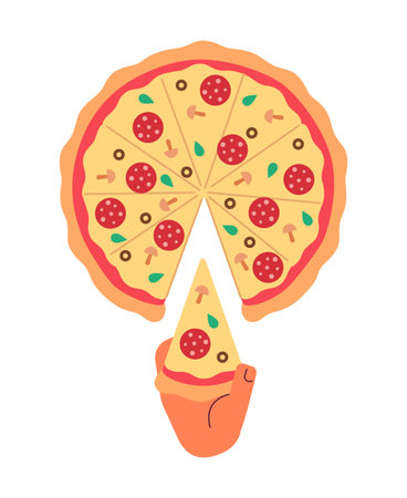 Taking a slice of pizza semi flat color vector first view hand. Eating handmade cheese pepperoni. Editable cartoon style icon on white. Simple spot illustration for web graphic design and animationのイラスト素材