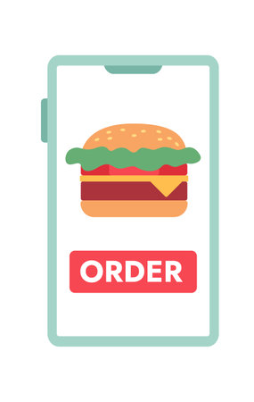 Mobile phone screen with fast food delivery app semi flat color vector object. Burger order. Editable cartoon style icon on white. Simple spot illustration for web graphic design. Jost Bold font usedのイラスト素材