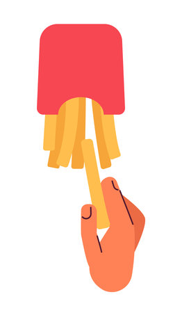 Tasting crispy fast food french fries semi flat color vector first view hand. Eating fry potatoes. Editable cartoon style icon on white. Simple spot illustration for web graphic design and animationのイラスト素材