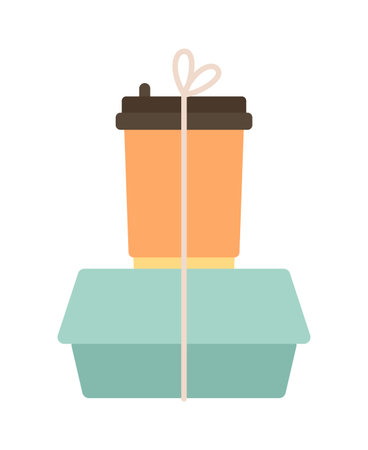 Ready-to-heat prepared meal with coffee cup semi flat color vector object. food delivery. Editable cartoon style icon on white. Simple spot illustration for web graphic design and animationのイラスト素材