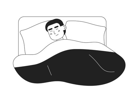 Young man sleeping in bed with comfort monochromatic flat vector character. good night. Editable thin line half body person on white. Simple bw cartoon spot image for web graphic design, animationのイラスト素材
