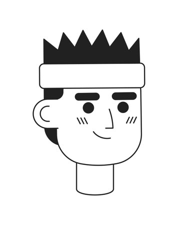 Smiling man with sport headband monochromatic flat vector character head. Editable black white cartoon face emotion. Hand drawn lineart ink spot illustration for web graphic design, animationのイラスト素材
