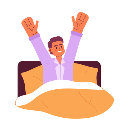 Happy man waking up in bed semi flat colorful vector character. Feeling refreshed after sleep. Editable half body person on white. Simple cartoon spot illustration for web graphic design and animationのイラスト素材