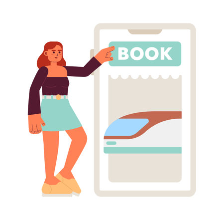 Buying cheap train ticket over phone flat concept vector spot illustration. Editable 2D cartoon character on white for web UI design. Passenger booking creative hero image. Jost Extrabold font usedのイラスト素材