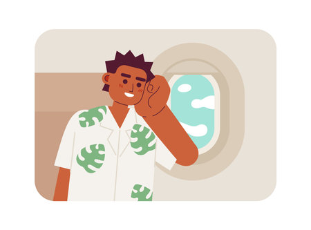 Traveling by plane on summer vacation 2D vector isolated spot illustration. Tourist sitting near porthole flat character on cartoon background. Colorful editable scene for website landing, mobile appのイラスト素材