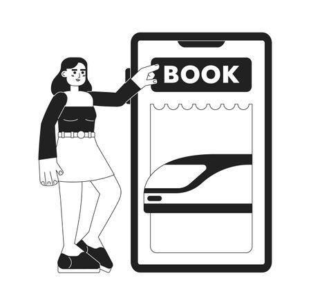 Buying cheap train ticket over phone monochrome concept vector spot illustration. Editable 2D flat bw cartoon character for web UI design. Passenger hand drawn hero image. Jost Extrabold font usedのイラスト素材