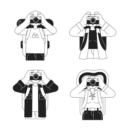 Sightseers capturing travel memories with camera monochromatic flat vector character set. Editable thin line people on white. Simple bw cartoon spot image pack for web graphic design, animationのイラスト素材