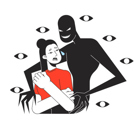 Schizophrenia disorder flat line concept vector spot illustration. Scared woman seeing hallucinations 2D cartoon outline character on white for web app UI design. Anxiety editable colorful hero imageのイラスト素材