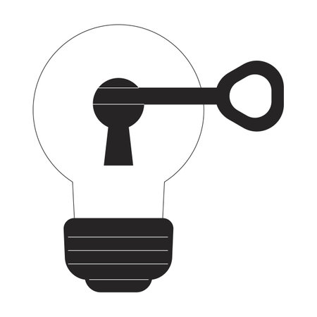 Key unlocks lightbulb keyhole flat line black white vector object. Generate business idea. Editable cartoon style icon. Simple isolated outline spot illustration for web graphic design and animationのイラスト素材